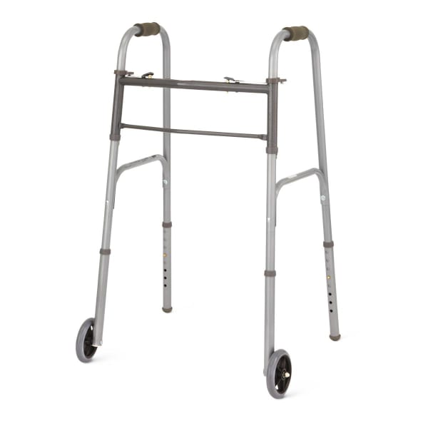 Medline Adjustable Aluminum/Steel 2-Button Folding Walker, 25in-32in, With 5in Wheels