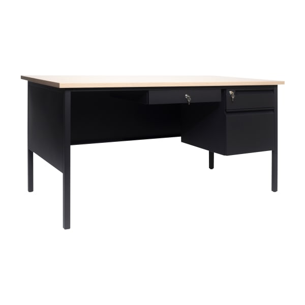 Flash Furniture Cambridge Commercial Grade Single Pedestal 60inW x 30inD Desk with Locking Drawers and Metal Frame, White Oak