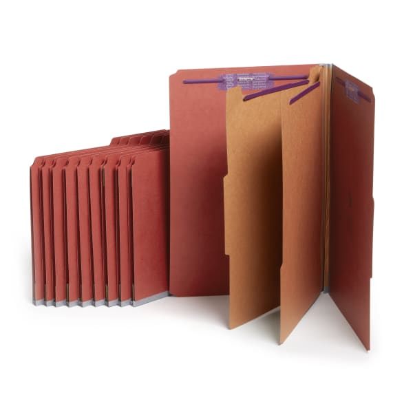 Smead Classification Folders, Pressboard With SafeSHIELD Fasteners, 2 Dividers, 2in Expansion, Legal Size, 100% Recycled, Red, Box Of 10