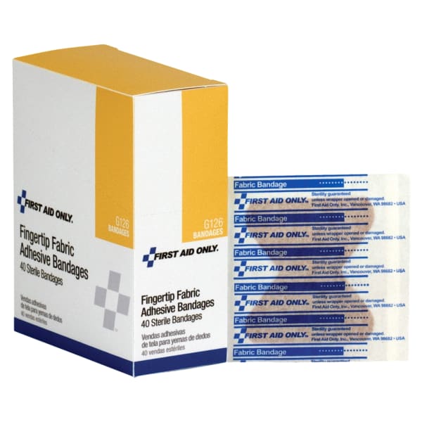 First Aid Only Fingertip Fabric Adhesive Bandages, 2 1/2in x 3 1/4in, Tan, Box Of 40
