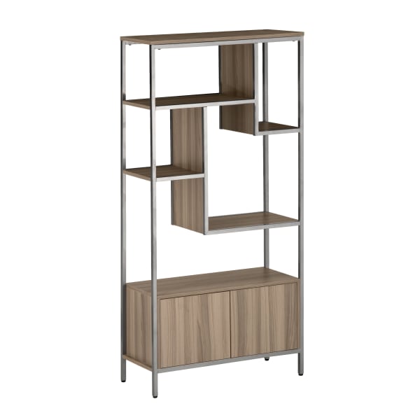 Techni Mobili 63inH Storage Rack 5-Shelf Bookcase With 2-Door Cabinet, Oak