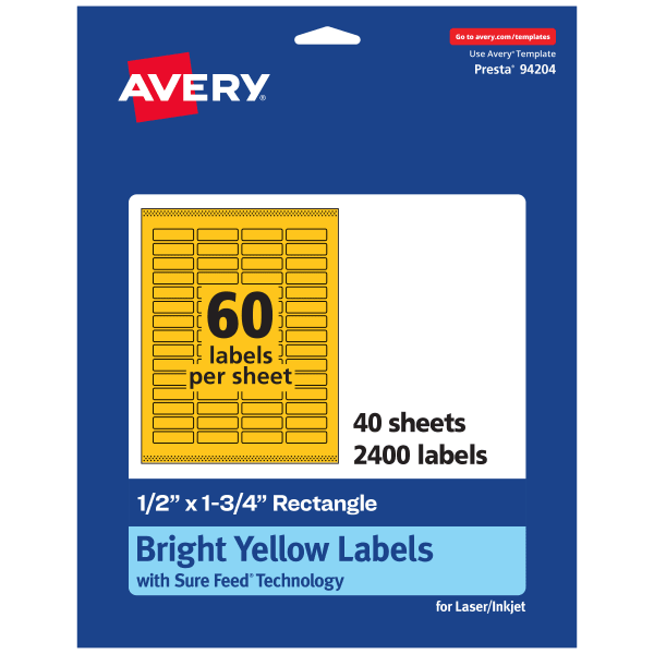 Avery Print-To-The-Edge Labels With Sure Feed Technology And Easy Peel, 94204-BYP40, Rectangle, 1/2in x 1-3/4in, Matte Bright Yellow, Pack of 2400