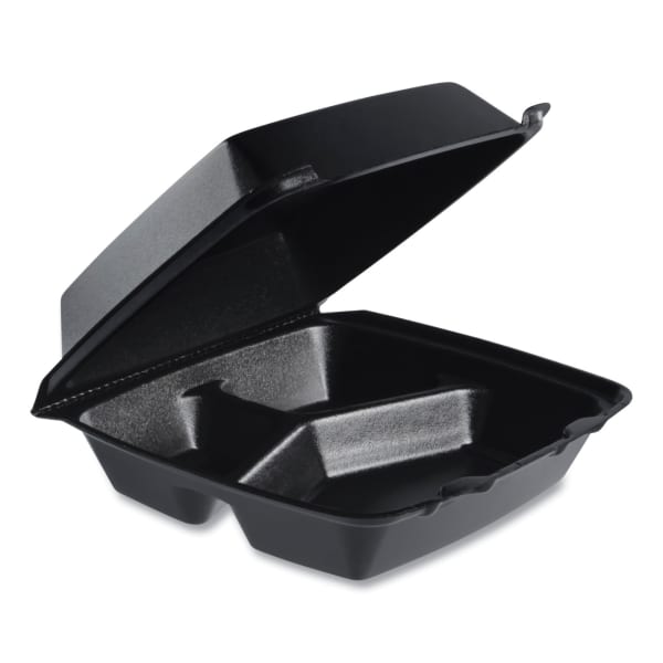 Dart Insulated Foam Hinged Lid Containers, 3 Compartments, 8-3/8inH x 8inW x 3-1/4inD, Black, Carton Of 200 Containers
