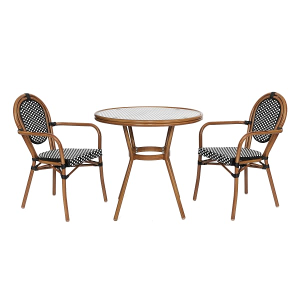 Flash Furniture Lourdes Indoor/Outdoor Commercial Bistro 31.5in Table, PE Rattan, Glass Top with 2 Stack Chairs, Black & White Rattan/Natural Frame