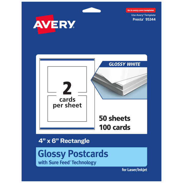 Avery Printable Postcards With Sure Feed Technology, 4in x 6in Rectangle, Glossy White, Pack Of 100