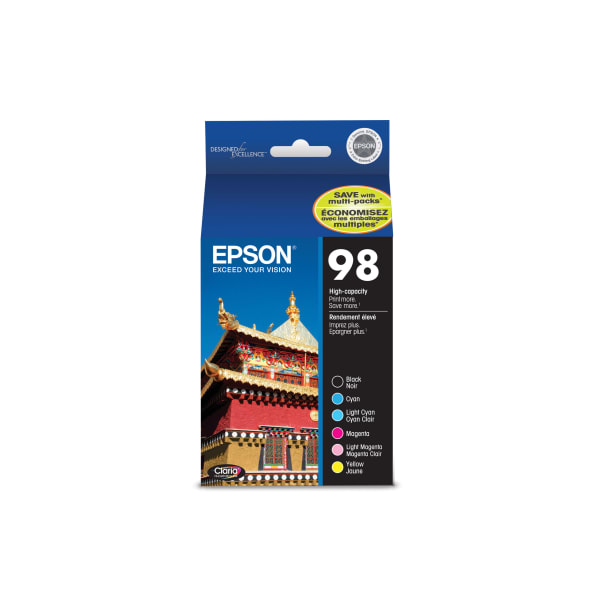 Epson 98 Claria Black; Cyan; Light Cyan; Magenta; Light Magenta; Yellow High-Yield Ink Cartridges, Pack Of 6, T098120-BCS