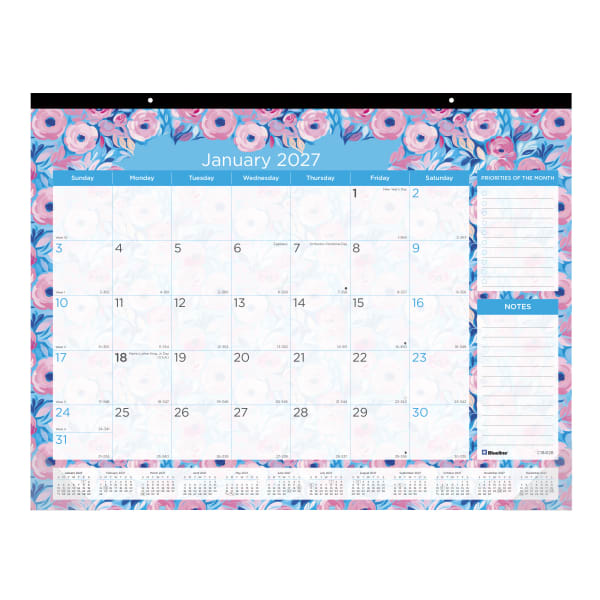 2027 Blueline Colorful Monthly Desk Pad Calendar, 22in x 17in, Floral, January To December, C194128, Total Qty 1