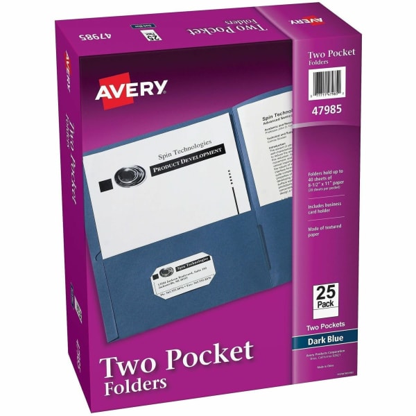 Avery Letter Pocket Folder - 8 1/2in x 11in - 40 Sheet Capacity - 2 Internal Pocket(s) - Embossed Paper - Dark Blue - 25Box - 5 / Carton