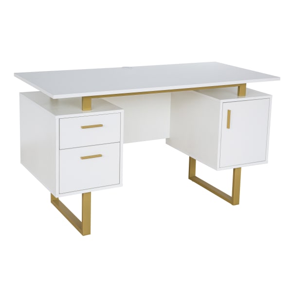 Techni Mobili 52inW Modern Computer Desk With Storage, White/Gold