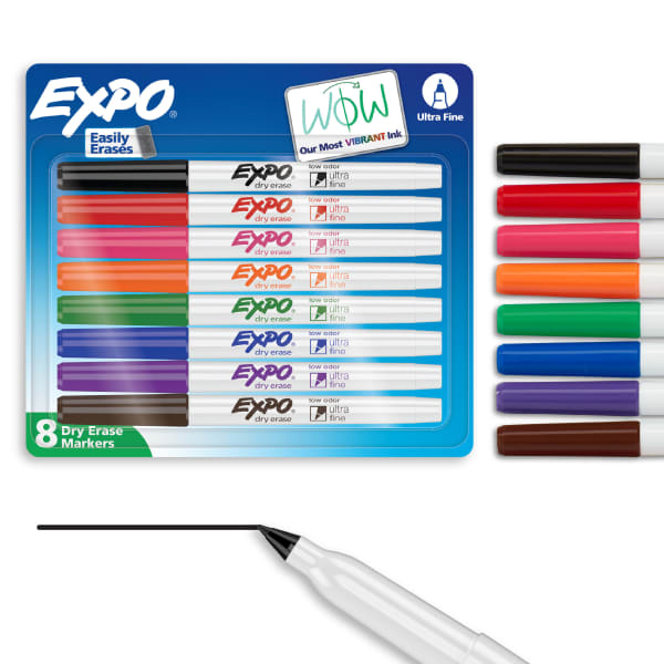 EXPO Low-Odor Dry-Erase Markers, Ultra-Fine Point, Assorted Colors, Pack Of 8