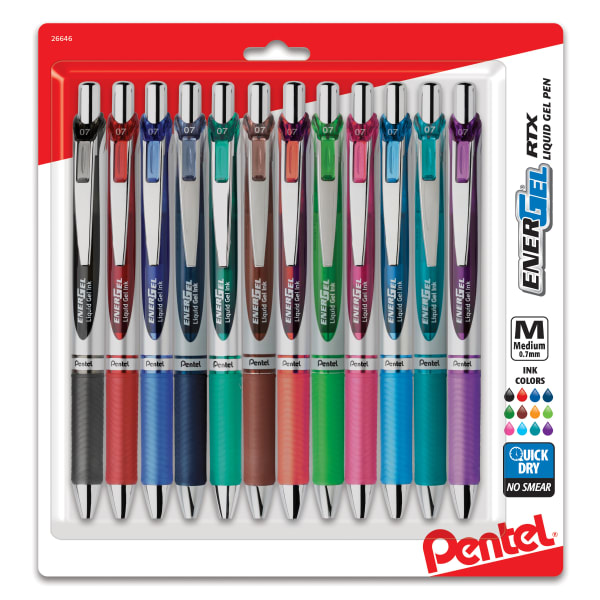 Pentel EnerGel RTX Retractable Liquid Gel Pens, Medium Point, 0.7 mm, Assorted Colors, Pack Of 12 Pens