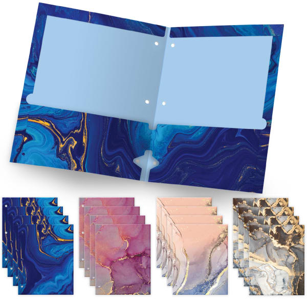 Global Deluxe Designer 3-Hole Punched 2-Pocket Folders, Letter Size, Assorted Marble Patterns, Pack Of 16 Folders