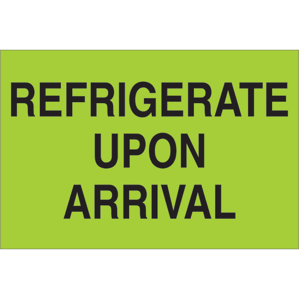 Tape Logic Preprinted Climate Shipping Labels, "Refrigerate Upon Arrival", DL1327, Rectangle, 2in x 3in, Fluorescent Green, Roll Of 500