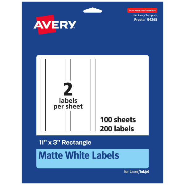 Avery Permanent Labels, 94265-WMP100, Rectangle, 11in x 3in, White, Pack Of 200