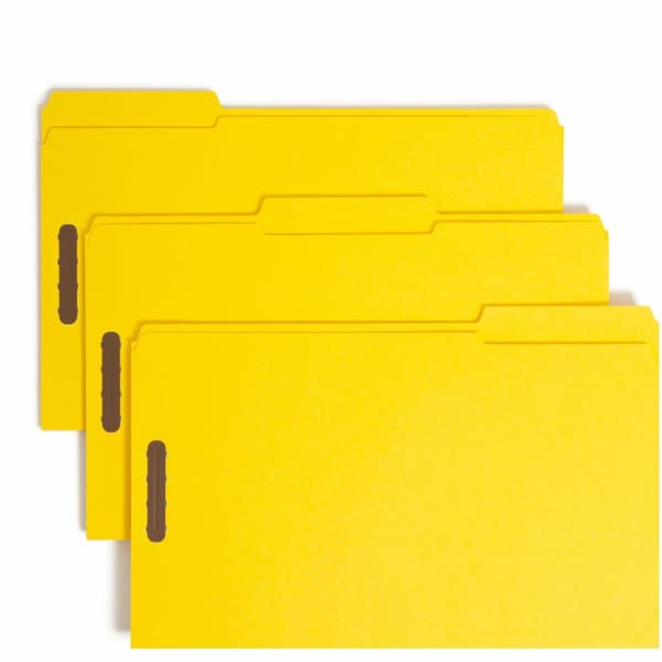 Smead Color Reinforced Tab Fastener Folders, Legal Size, 1/3 Cut, Yellow, Pack Of 50