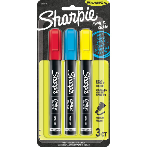 Sharpie Wet-Erase Chalk Markers, Medium Point, Black Barrel, Assorted Ink Colors, Pack Of 3 Markers
