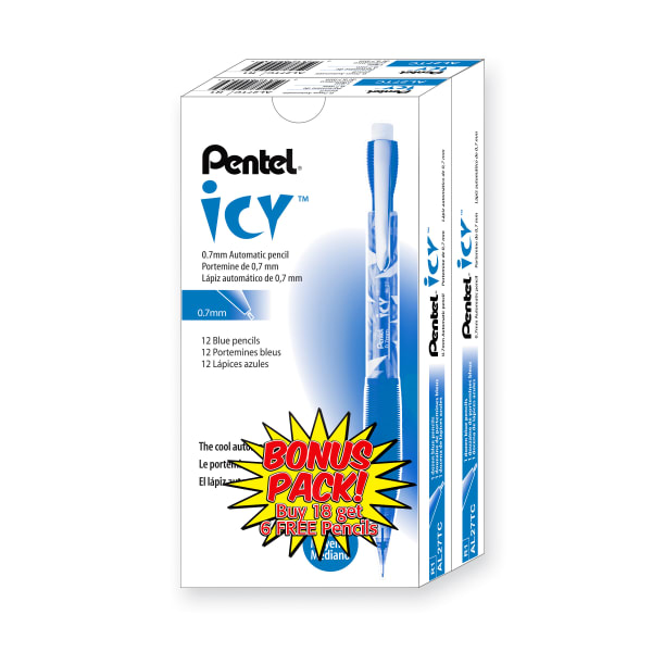 Pentel ICY Multipurpose Automatic Pencils, 0.7 mm, Transparent Blue Barrels, Pack Of 24