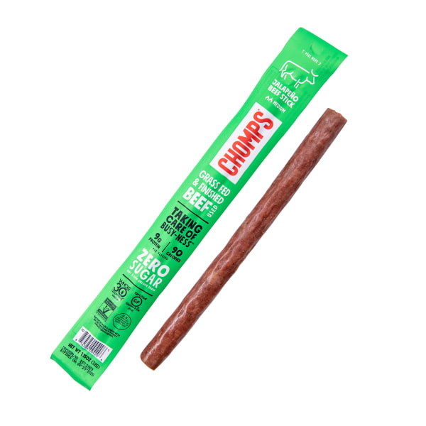 CHOMPS Beef Snack Sticks, Jalapeno, 1.15 Oz, Pack Of 24 Sticks