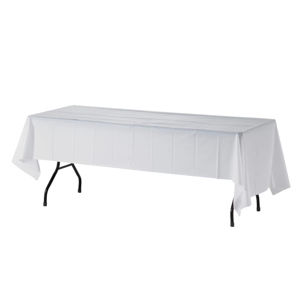 Genuine Joe Plastic Table Covers, 54in x 108in, White, Pack Of 6