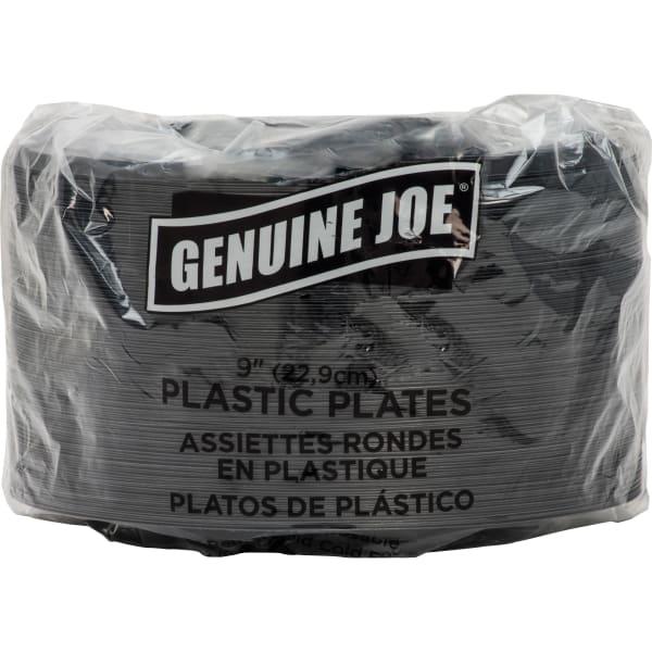 Genuine Joe 9in Round Plastic Plates, Black, Pack Of 125