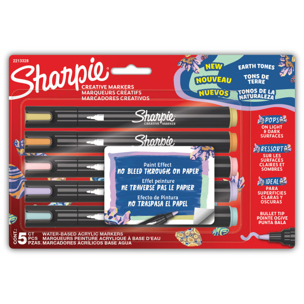 Sharpie Creative Markers, Earth Tones 2, Water-Based Acrylic Markers, Bullet Tip, Assorted Colors, 5 Count