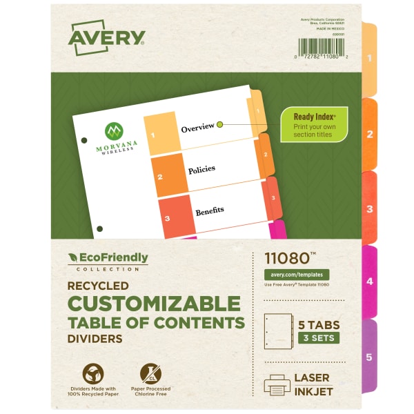 Avery Ready Index 100% Recycled Dividers, 1-5 Tabs & Customizable Table Of Contents, Letter Size, White Dividers/Multicolor Tabs, Pack Of 3 Sets
