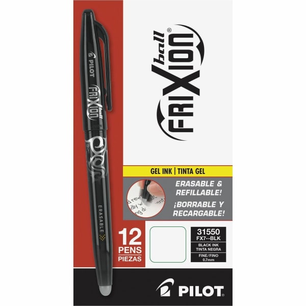 Pilot FriXion Ball Erasable Gel Pens, Pack of 12, Fine Point, 0.7 mm, Black Barrel, Black Ink