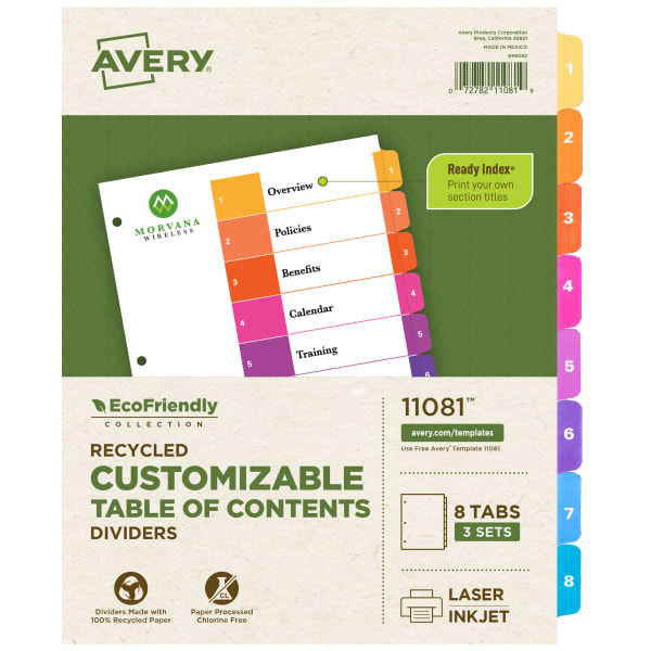 Avery Ready Index Eco-Friendly 100% Recycled Dividers, 1-8 Tabs & Customizable Table Of Contents, Letter Size, White Dividers/Multicolor Tabs, Pack Of 3 Sets