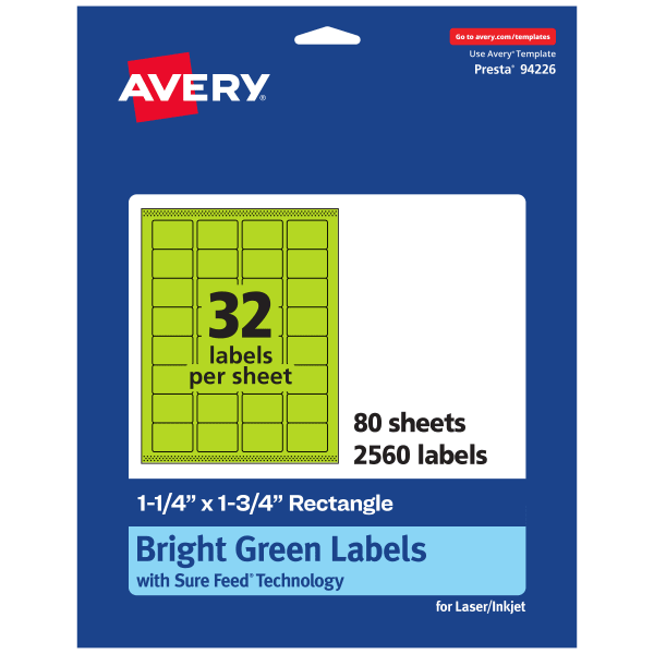 Avery Printable Labels With Sure Feed Technology, 94226-BGP80, Rectangle, 1-1/4in x 1-3/4in, Matte Bright Green, Pack of 2560