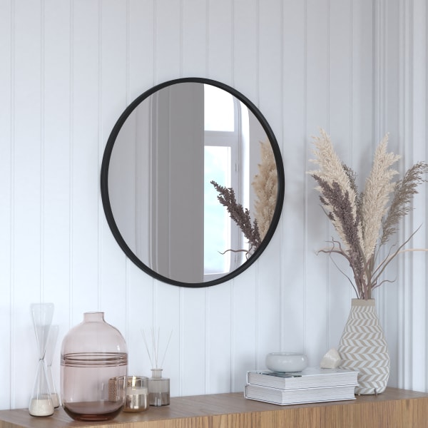 Flash Furniture Julianne Round Metal-Framed Wall Mirror, 24inH x 24inW x 3/4inD, Black