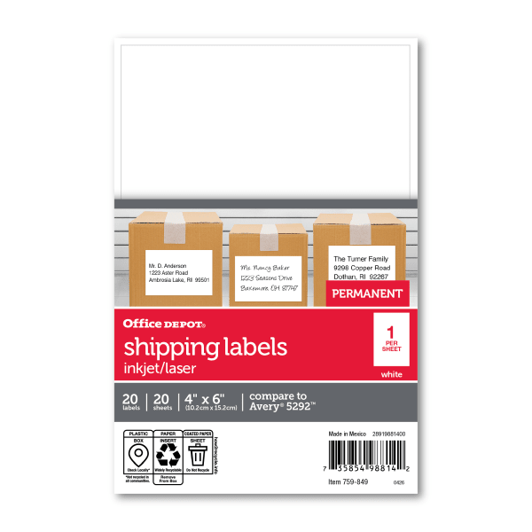 Office Depot Brand Permanent ID Labels, OD98814, Rectangle, 4in x 6in, White, Pack Of 20