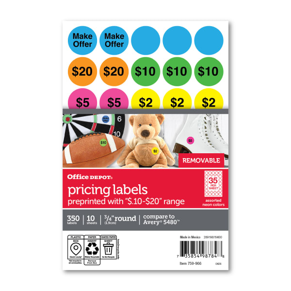 Office Depot Brand Preprinted Garage Sale Labels, OD98784, Round, 3/4in, Assorted Neon Colors, Pack Of 350