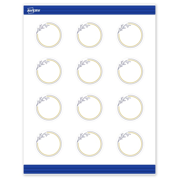 Avery Printable Round Cards With Sure Feed Technology, 2in, Matte White With Preprinted Floral Gold/Navy Border, Pack Of 120
