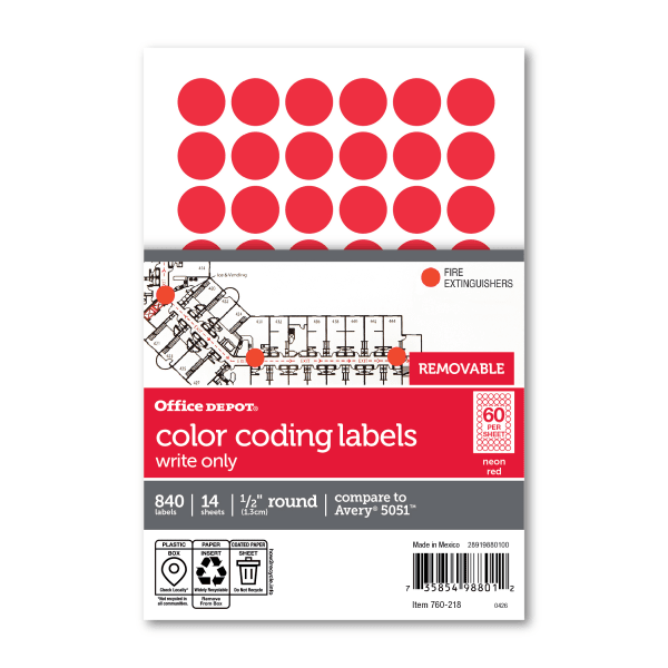 Office Depot Brand Removable Round Color-Coding Labels, OD98801, 1/2in Diameter, Red Glow, Pack Of 840