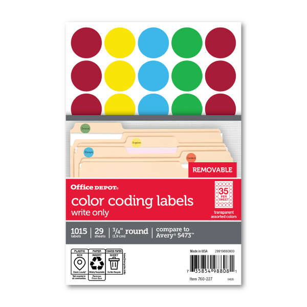 Office Depot Brand See-Thru Removable Color Dots, OD98808, 3/4in Diameter, Assorted Colors, Pack Of 1,015