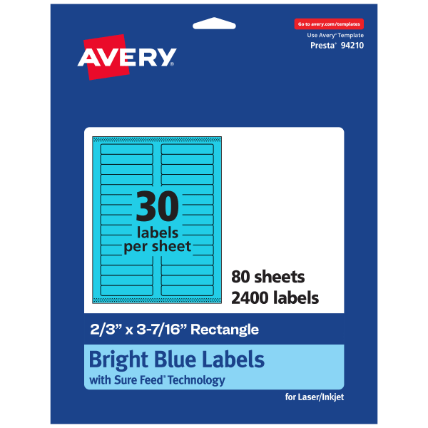 Avery Printable Labels With Sure Feed Technology, 94210-BBP80, Rectangle, 2/3in x 3-7/16in, Matte Bright Blue, Pack of 2400