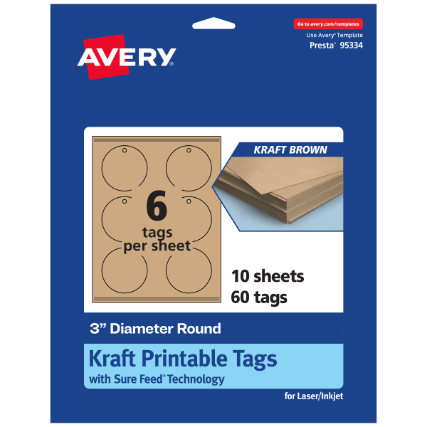 Avery Printable Tags With Sure Feed Technology, Print-To-The-Edge, 3in, Kraft Brown, Pack Of 60