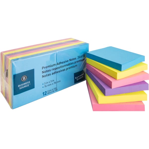 Business Source 3x3 Extreme Colors Adhesive Notes - 100 - 3in Flag/Note Width x 3in Flag/Note Length - Square - Assorted - Repositionable, Solvent-free Adhesive - 12 / Pack
