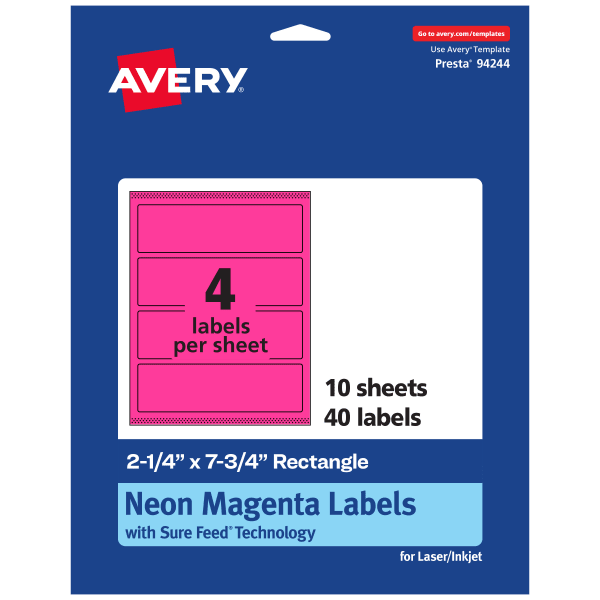 Avery Print-To-The-Edge Labels With Sure Feed Technology, 94244-NMP10, Rectangle, 2-1/4in x 7-3/4in, Matte Neon Magenta, Pack of 40