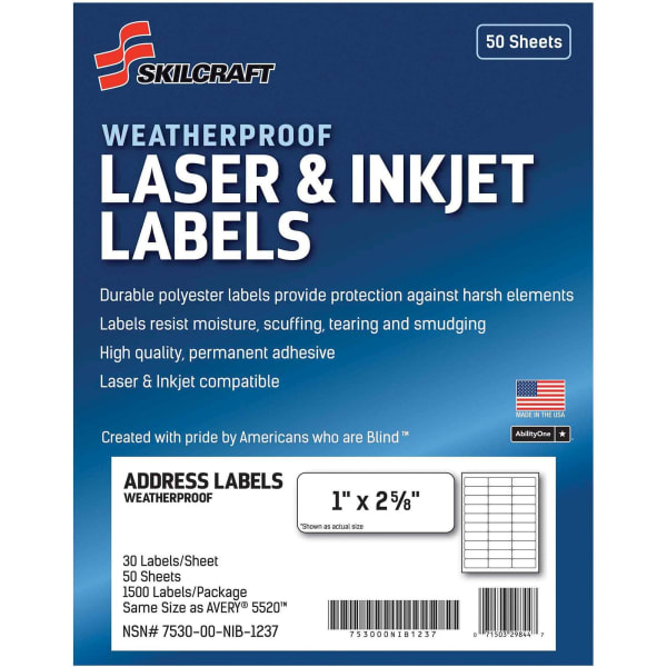 SKILCRAFT Weatherproof Mailing Labels - 1in Width x 2 5/8in Length - Permanent Adhesive - Rectangle - Laser, Inkjet - White - Polyester, Paper - 30 / Sheet - 1500 / Pack - TAA Compliant