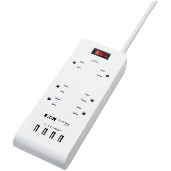 Eaton Tripp Lite Series 6-Outlet Surge Protector with 4 USB Ports (4.2A Shared) - 15 ft. Cord, 5-15P Plug, 900 Joules, White - TLP64USBRA15