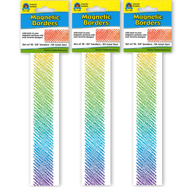 Teacher Created Resources Magnetic Borders, 24in x 1-1/2in, Colorful Scribble, 12 Borders Per Pack, Set Of 3 Packs