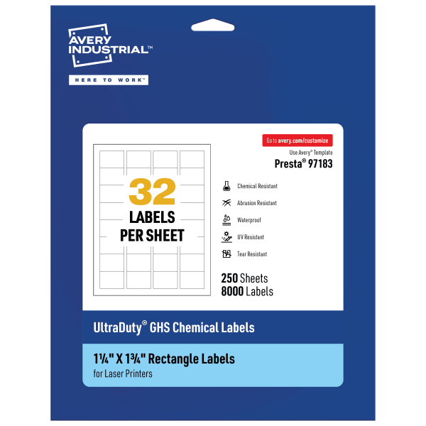 Avery Ultra Duty Permanent GHS Chemical Labels, 97183-WMU250, Rectangle, 1-1/4in x 1-3/4in, White, Pack Of 8,000