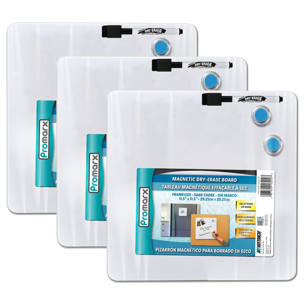 Promarx Magnetic Dry-Erase Boards With Dry-Erase Markers & Magnets, 11-1/2in x 11-1/2in, Pack Of 3 Board Sets