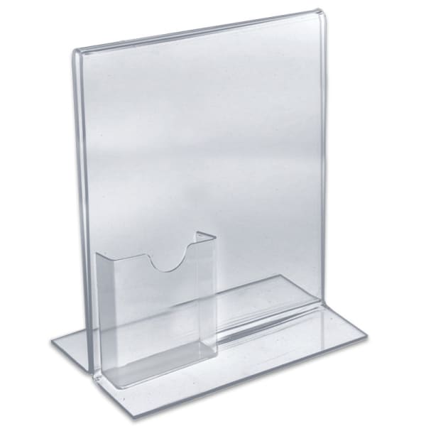 Azar Displays Double-Foot Acrylic Sign Holders With Attached Tri-Fold Pockets, 11in x 8 1/2in, Clear, Pack Of 10