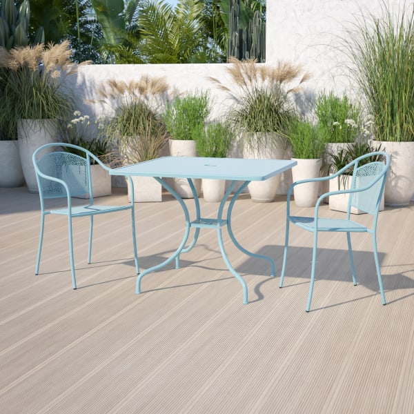 Flash Furniture Oia Commercial Grade 35-1/2in Square Indoor-Outdoor Steel Patio Table With Umbrella Hole, 28-3/4inH x 35-1/2inW x 35-1/2inD, Sky Blue