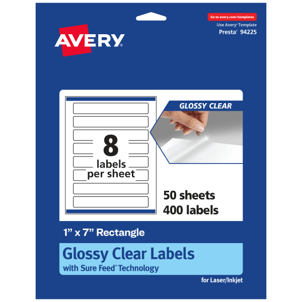 Avery Glossy Permanent Labels With Sure Feed, 94225-CGF50, Rectangle, 1in x 7in, Clear, Pack Of 400