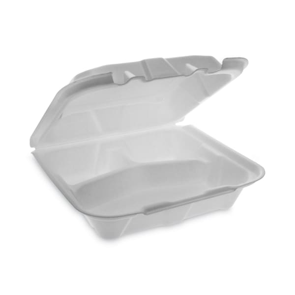 Pactiv Evergreen Vented Foam Hinged Lid Containers, 3-Compartment, Dual Tab Lock Economy, 3inH x 8-7/16inW x 8-3/16inD, White, Carton Of 150 Containers