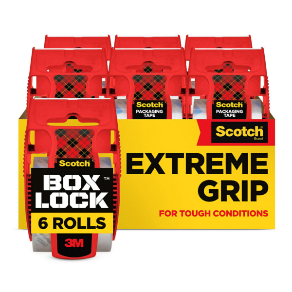 Scotch Box Lock Packing Tape, 1.88 in x 22.2 yd, 6 Tape Rolls with Dispensers, 1.5in Core, Extreme Grip Packing, Shipping and Mailing Tape, Sticks Instantly to Any Box, Clear