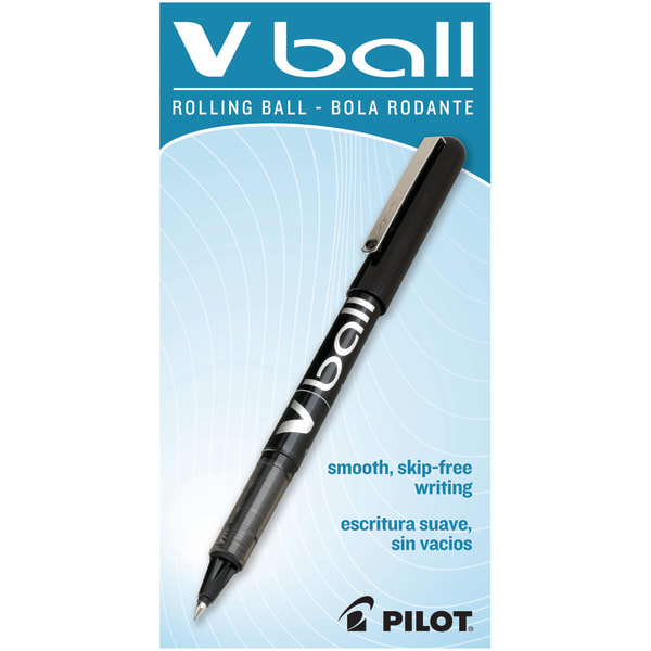 Pilot V-Ball Liquid Ink Rollerball Pens, Extra Fine Point, 0.5 mm, Black Barrel, Black Ink, Pack Of 12 Pens
